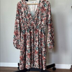 Pink and Red V-Neck Sundress with Bishop Sleeves